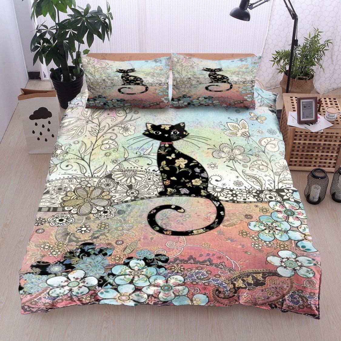 Black Cat And Flower Bedding Set
