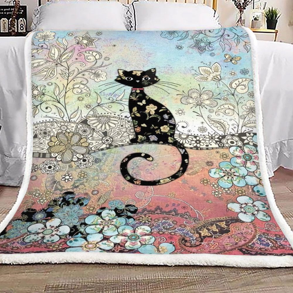 Black Cat And Flower Sherpa Fleece Blanket