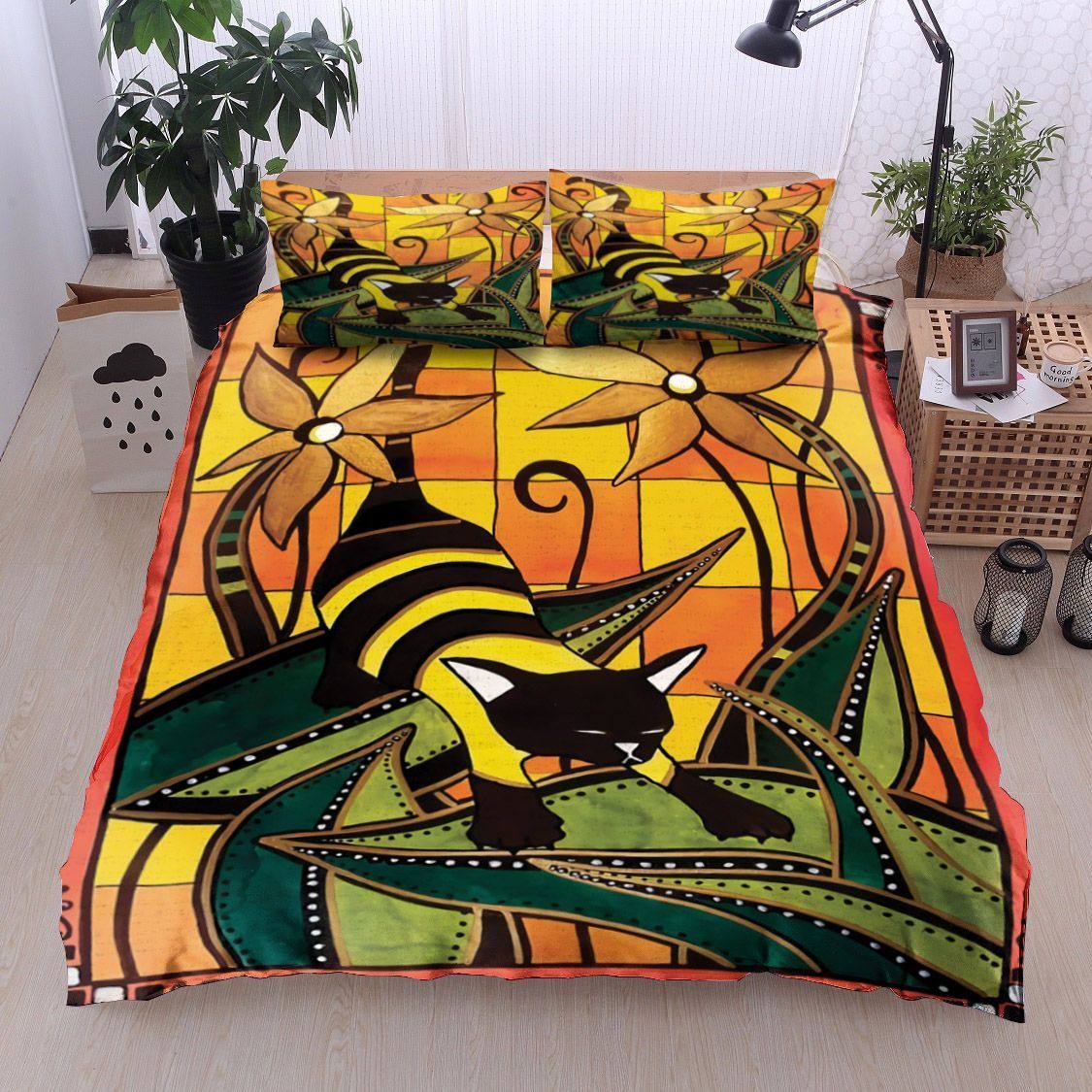 Black Cat And Flower Bedding Set
