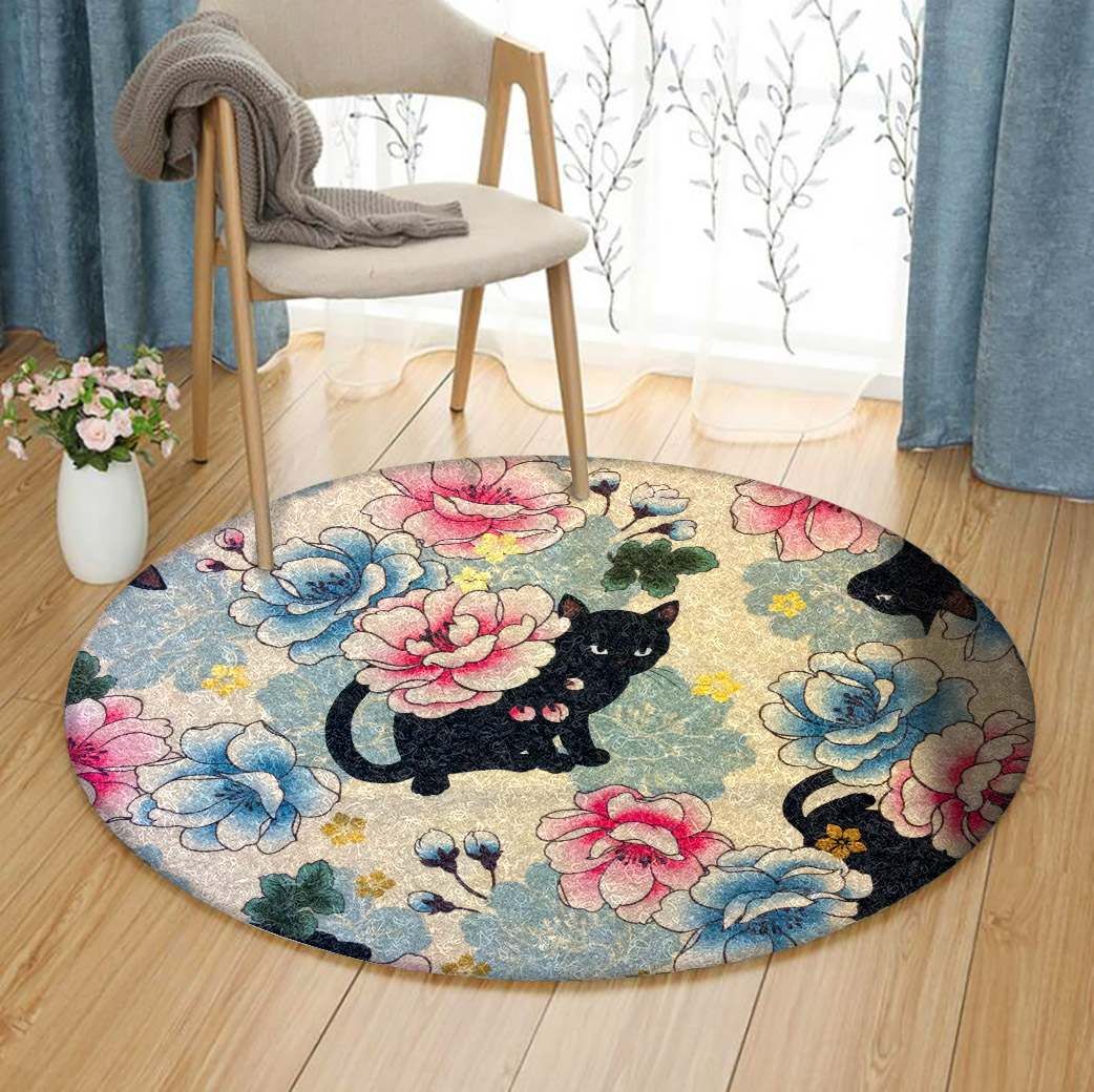 Black Cat And Flower Round Carpet