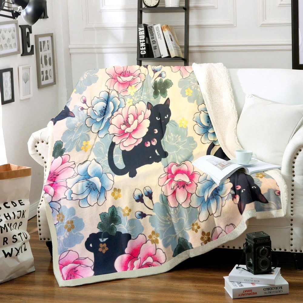 Black Cat And Flower Sherpa Fleece Blanket