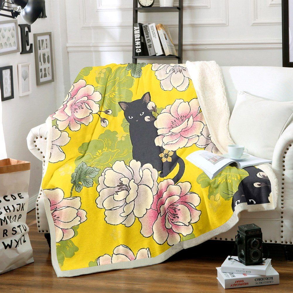 Black Cat And Flower Sherpa Fleece Blanket
