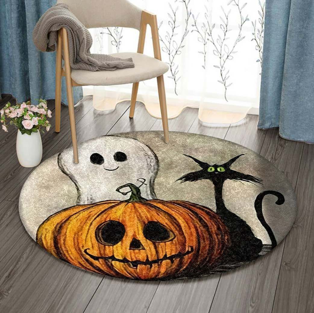Black Cat And Halloween Round Carpet