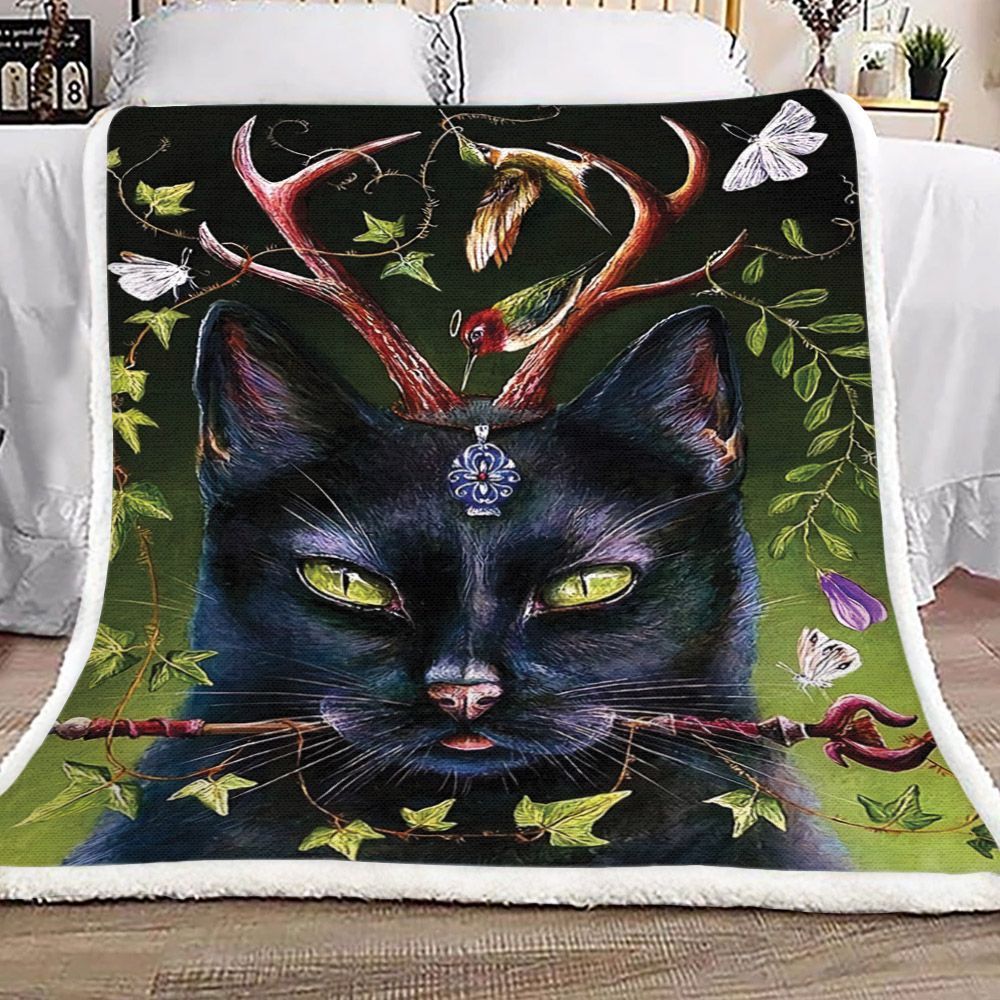 Black Cat And Hummingbird Sherpa Fleece Blanket