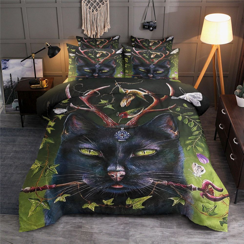Black Cat And Hummingbird Bedding Set
