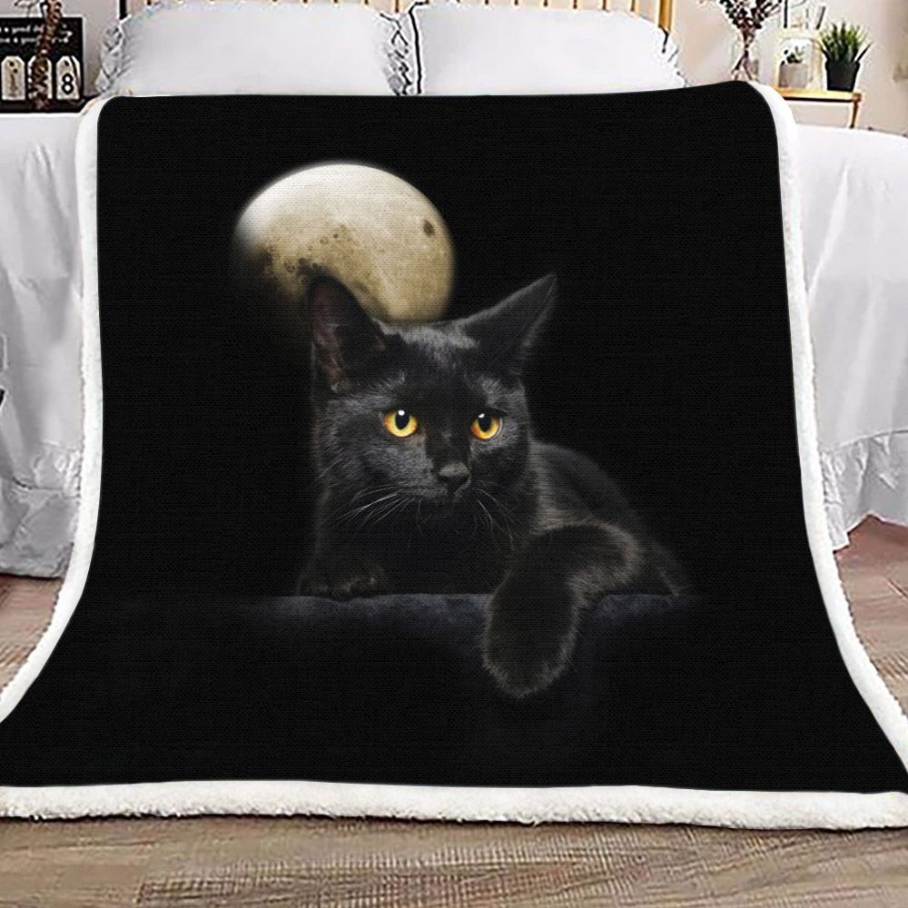 Black Cat And Moon Sherpa Fleece Blanket