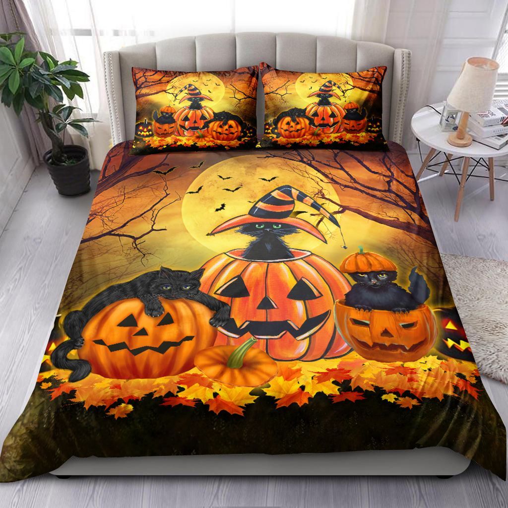 Black Cat And Pumpkin Halloween Bedding Set