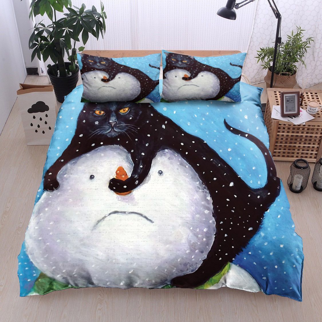 Black Cat And Snowman Bedding Set