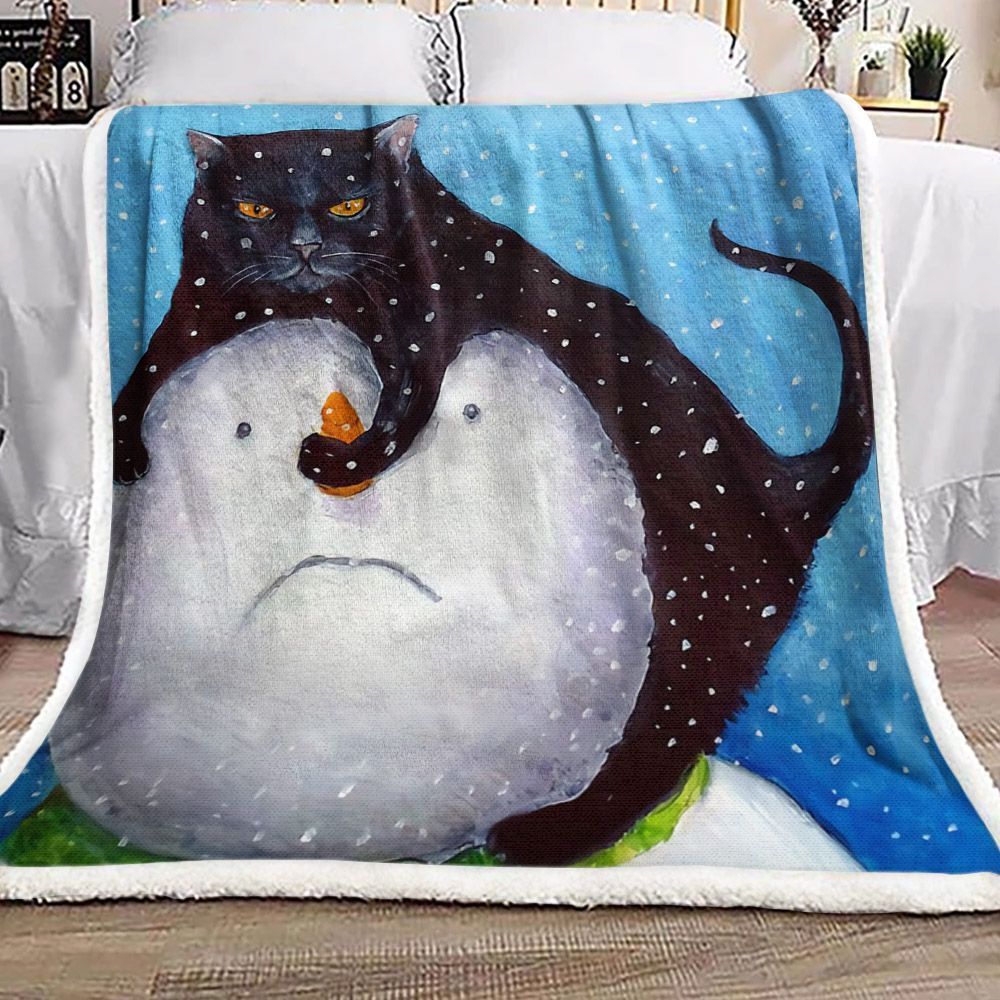 Black Cat And Snowman Sherpa Fleece Blanket