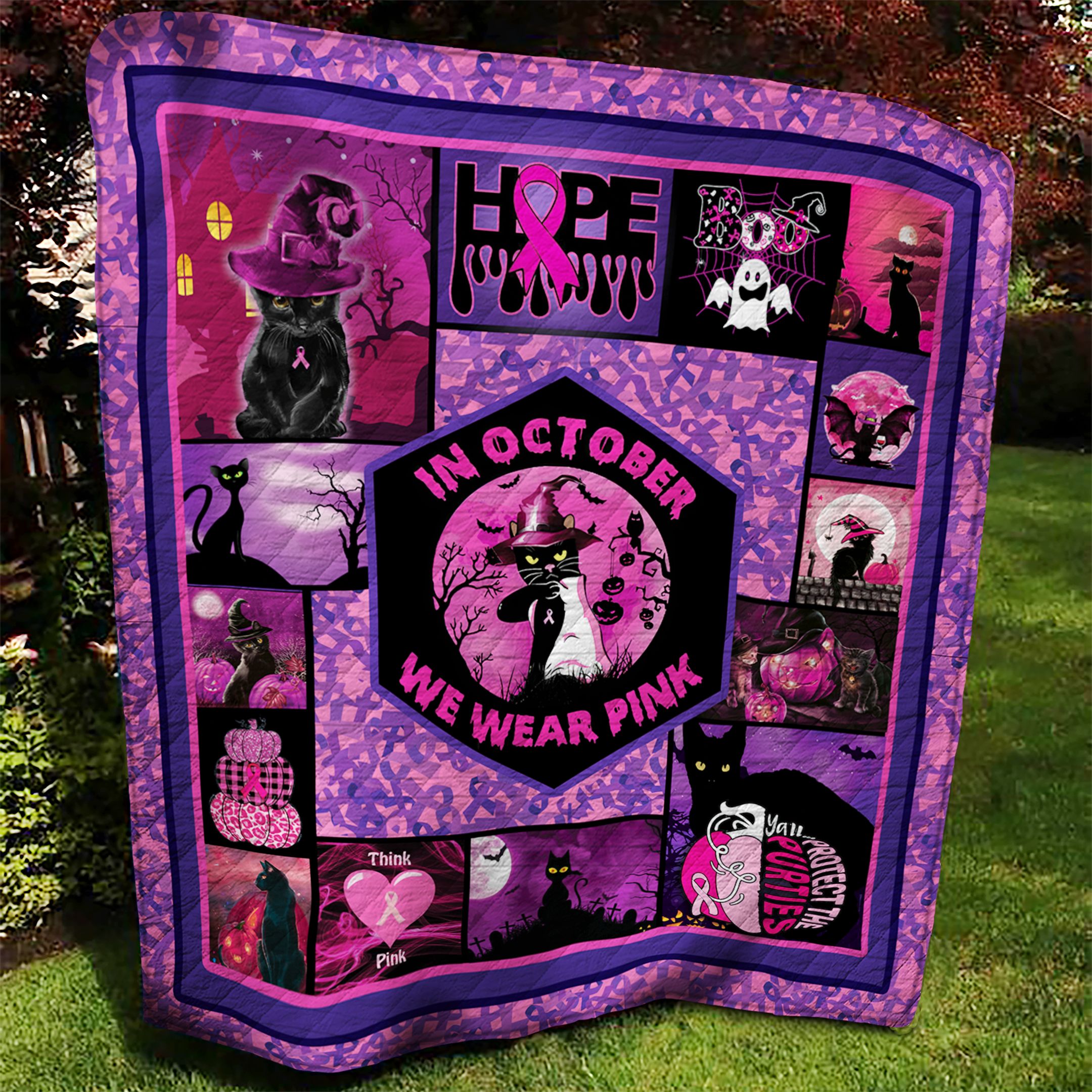 Black Cat Breast Cancer AAA100901TA Quilt Blanket