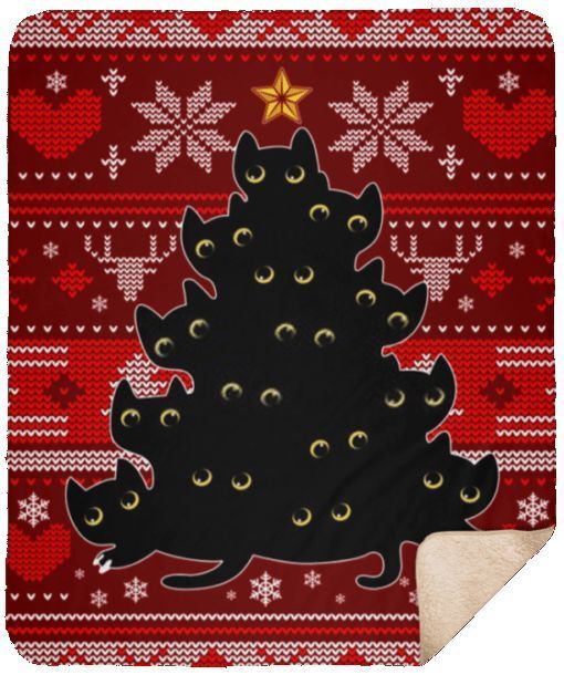 Black Cat Christmas Tree Sherpa Fleece Blanket