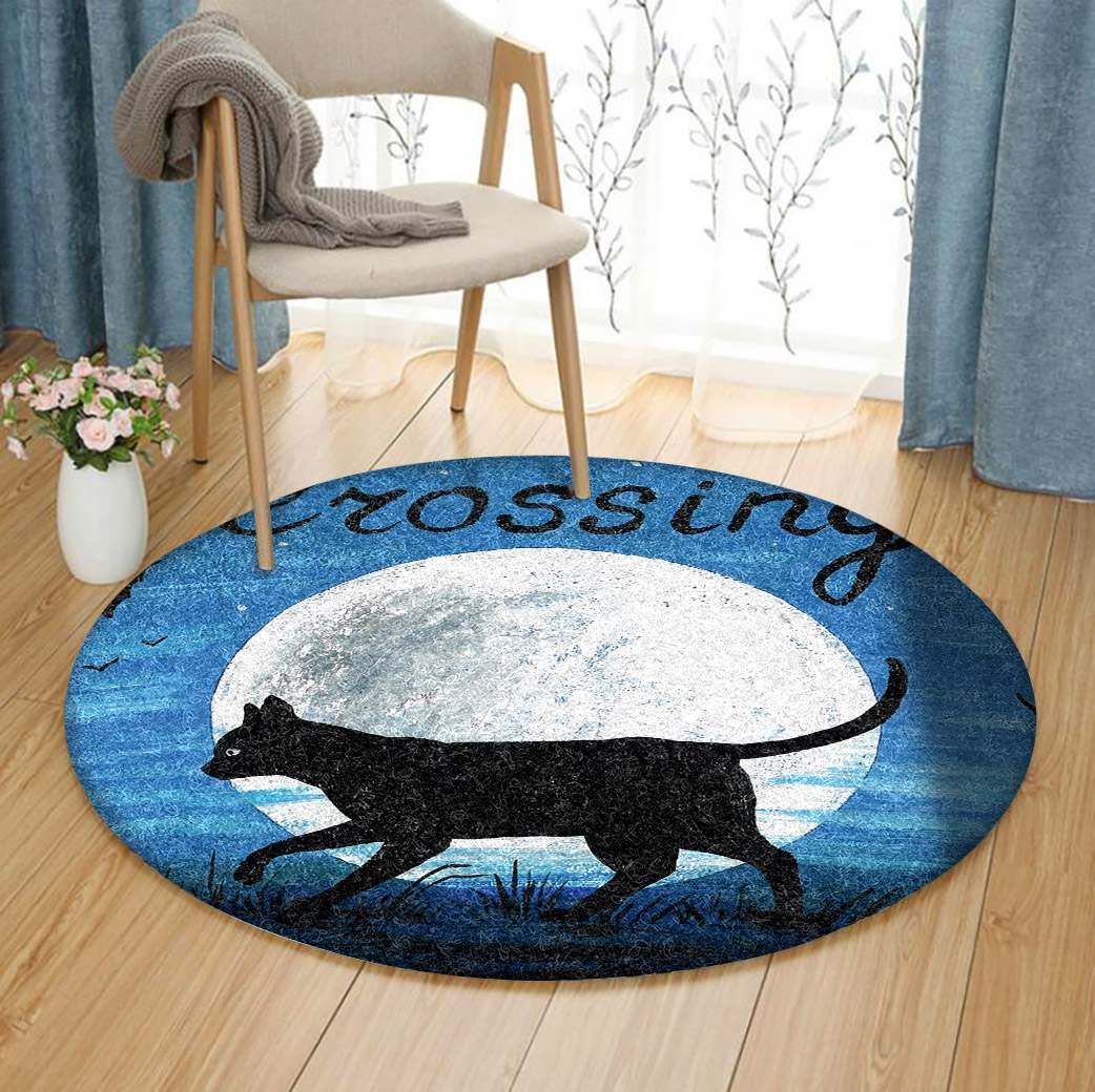 Black Cat Crossing Round Carpet