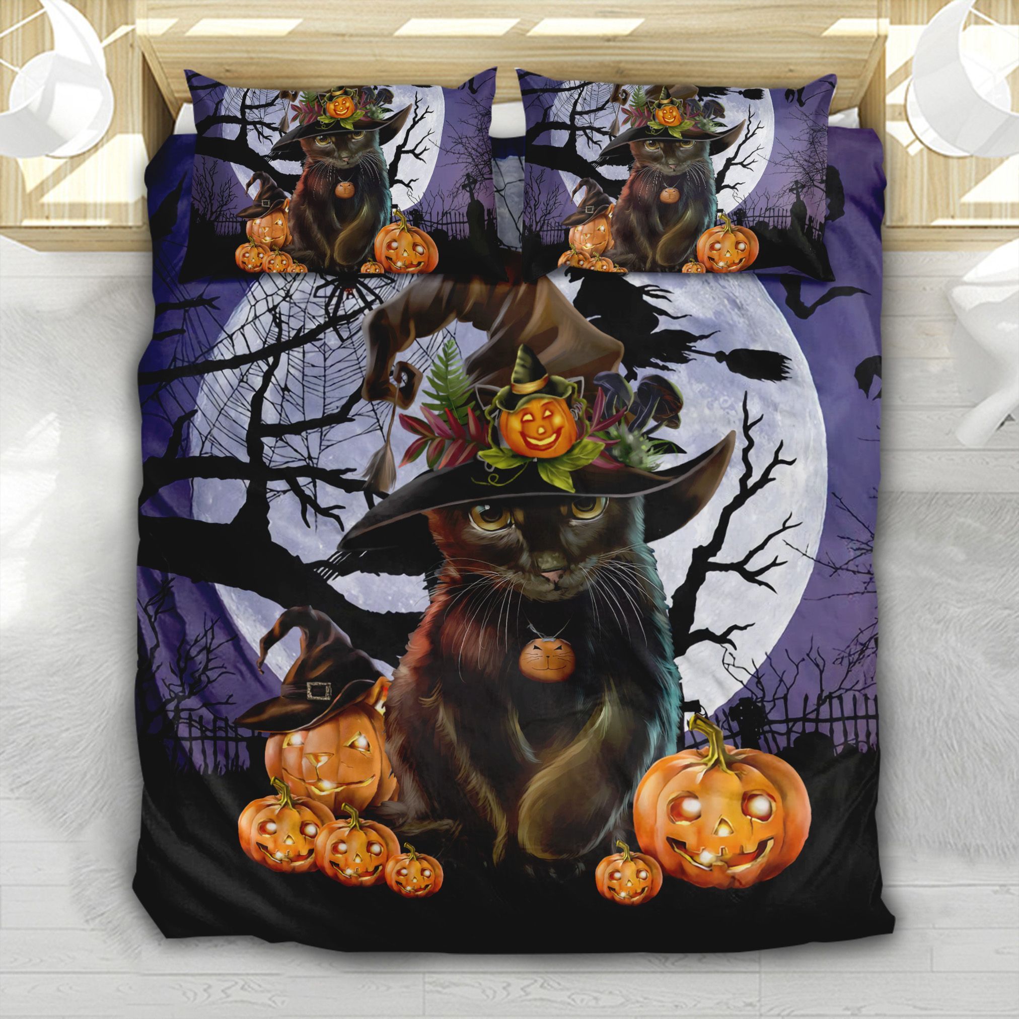 Black Cat Halloween Moon Bedding Set