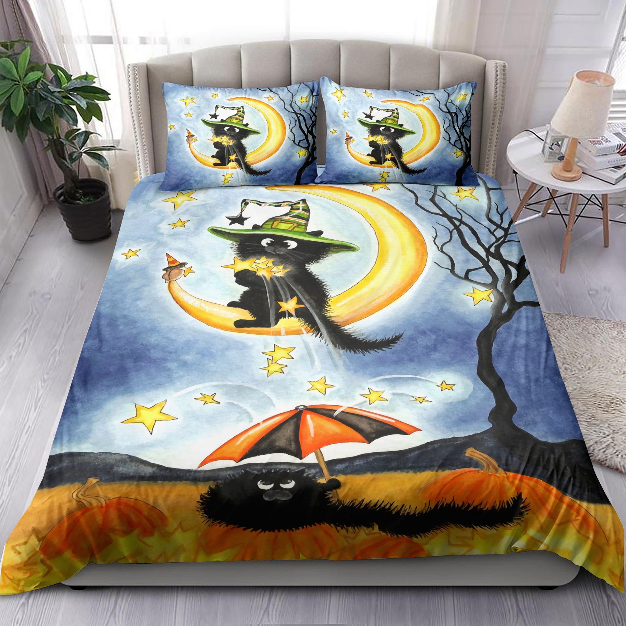 Black Cat Halloween Stars Bedding Set