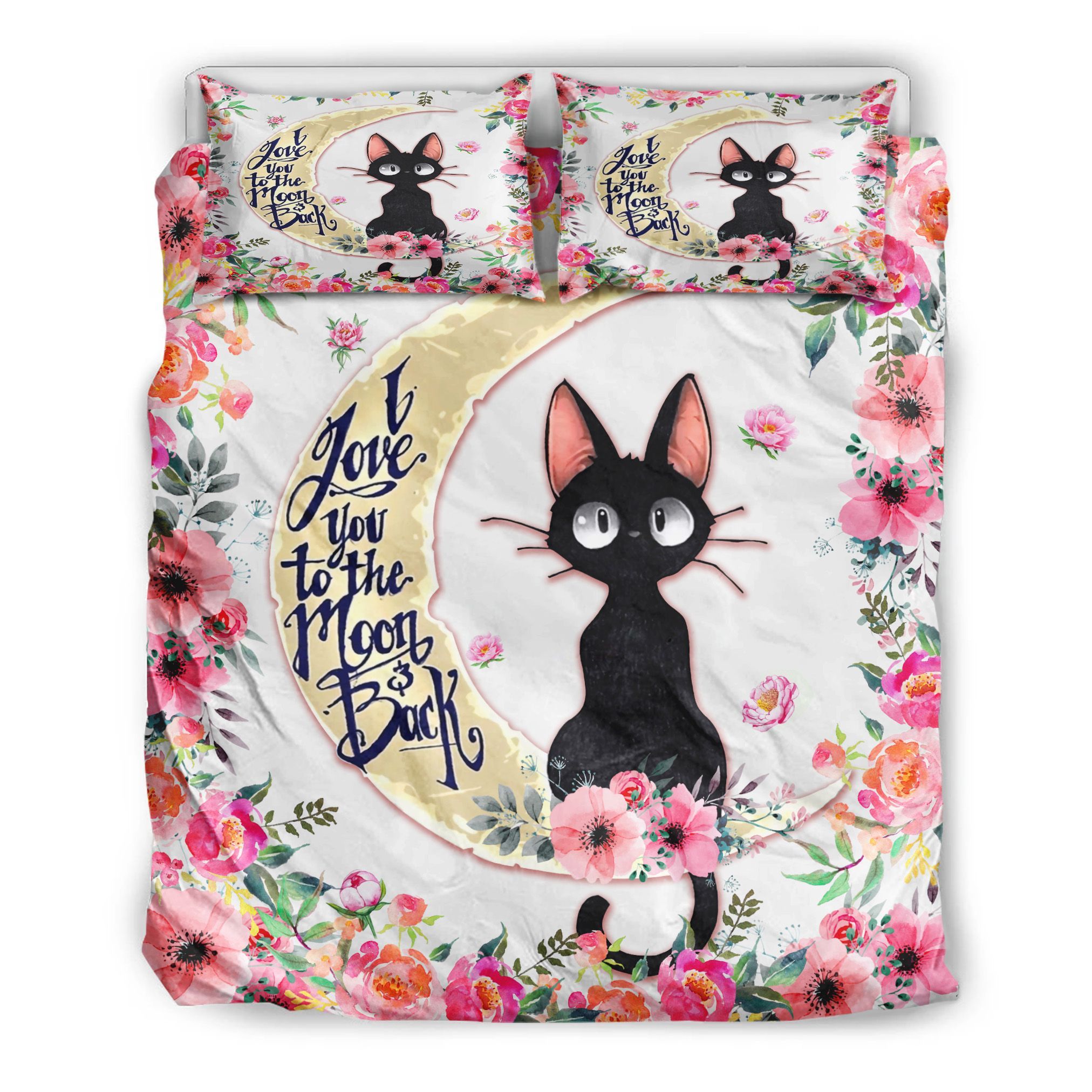 Black Cat I Love You To The Moon And Back Flower Bedding Set