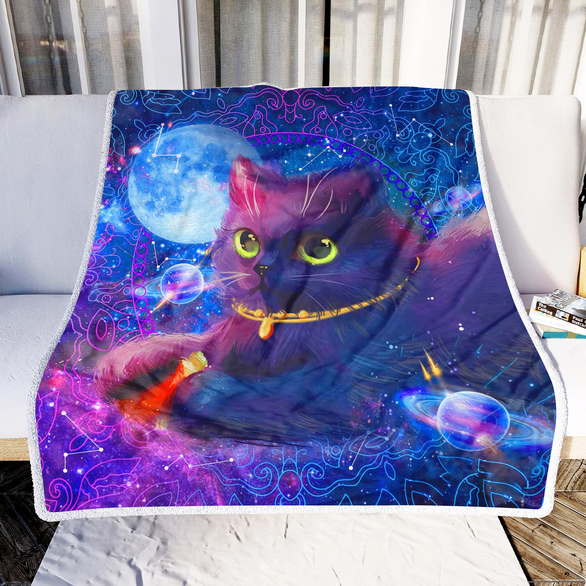 Black Cat In Galaxy Fleece Blanket