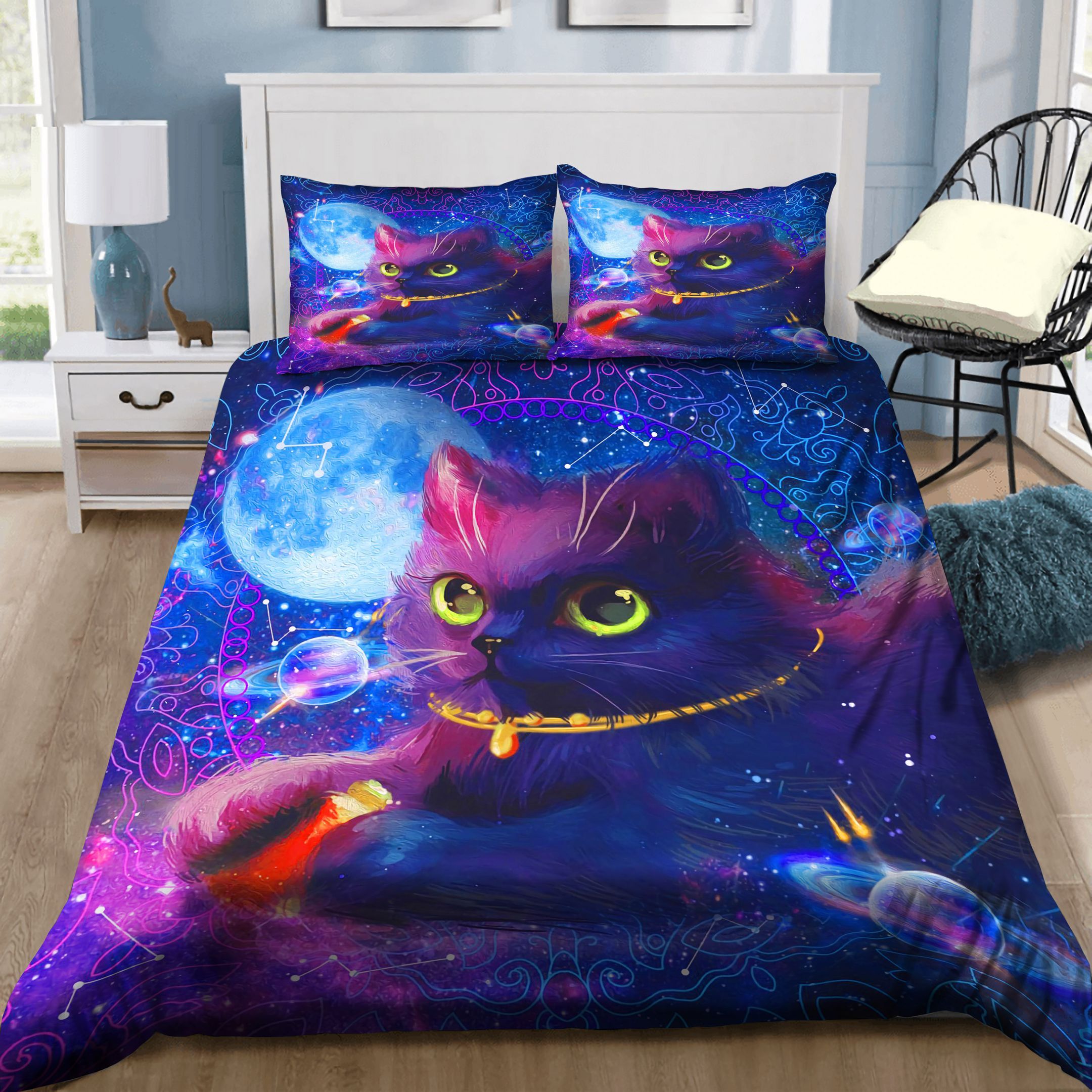 Black Cat In Galaxy Bedding Set