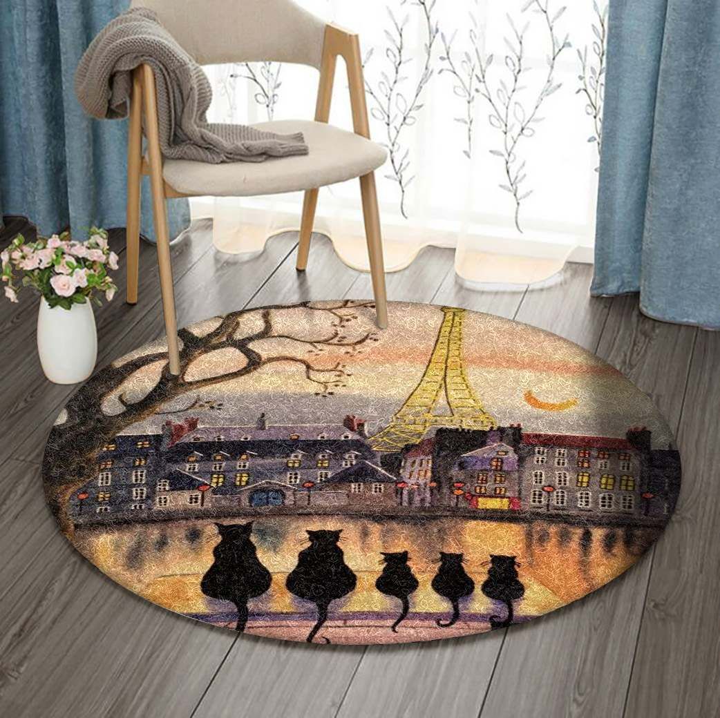 Black Cat In Paris Round Carpet
