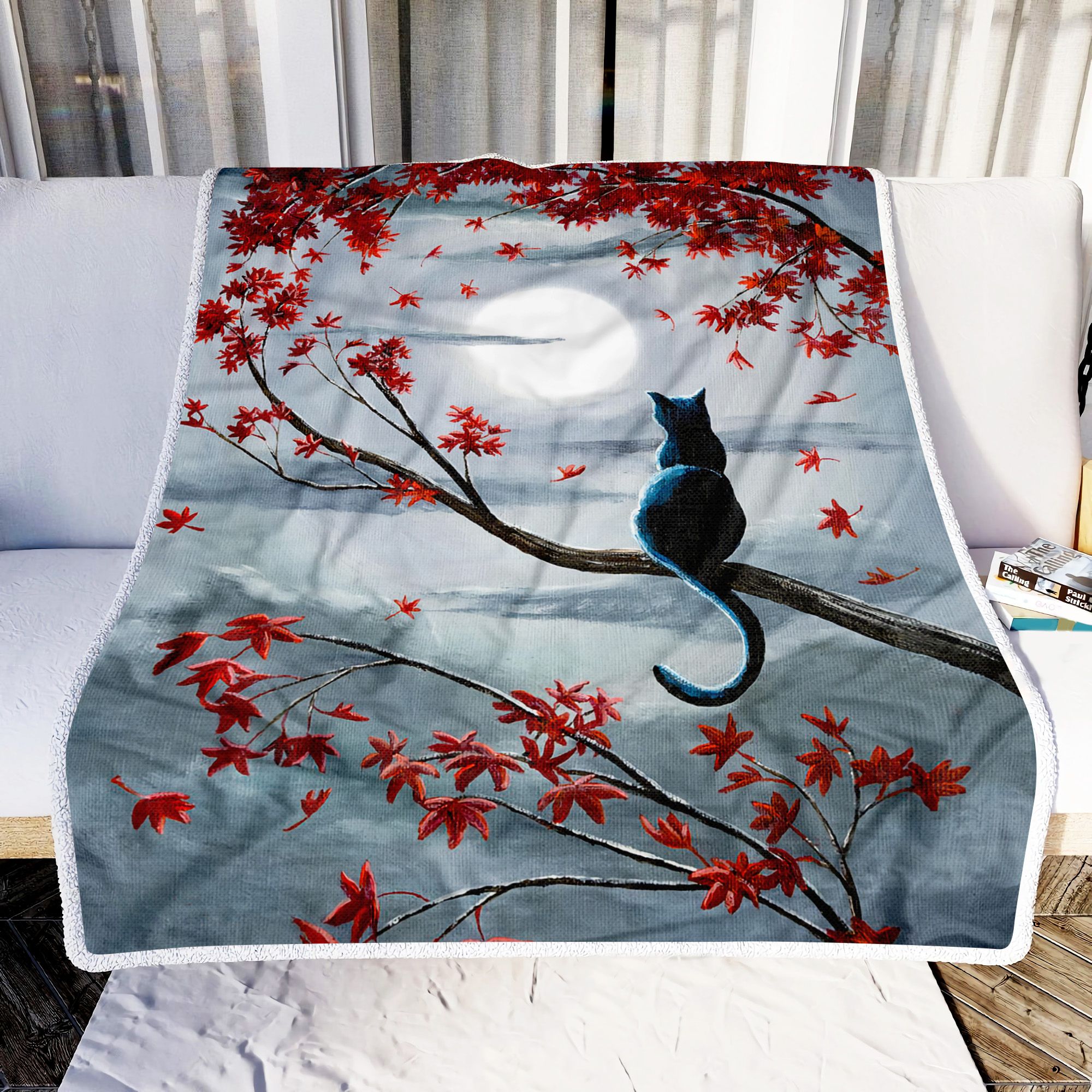 Black Cat Moon Autumn Fleece Blanket