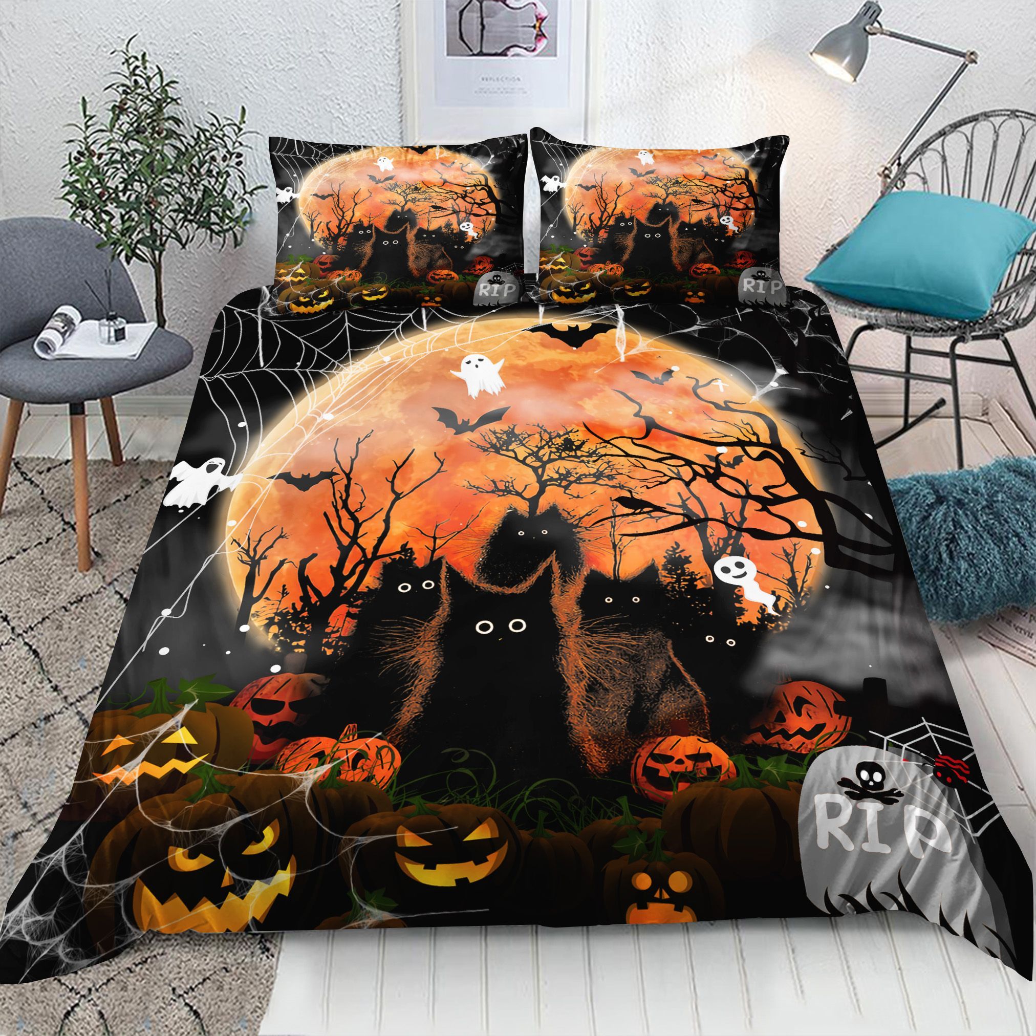 Black Cat Moon Halloween Bedding Set
