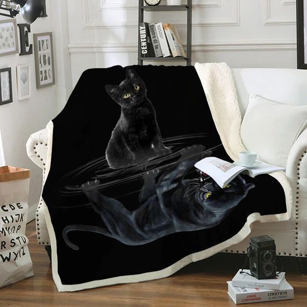 Black Cat Panther Mirror Reflection Sherpa Fleece Blanket