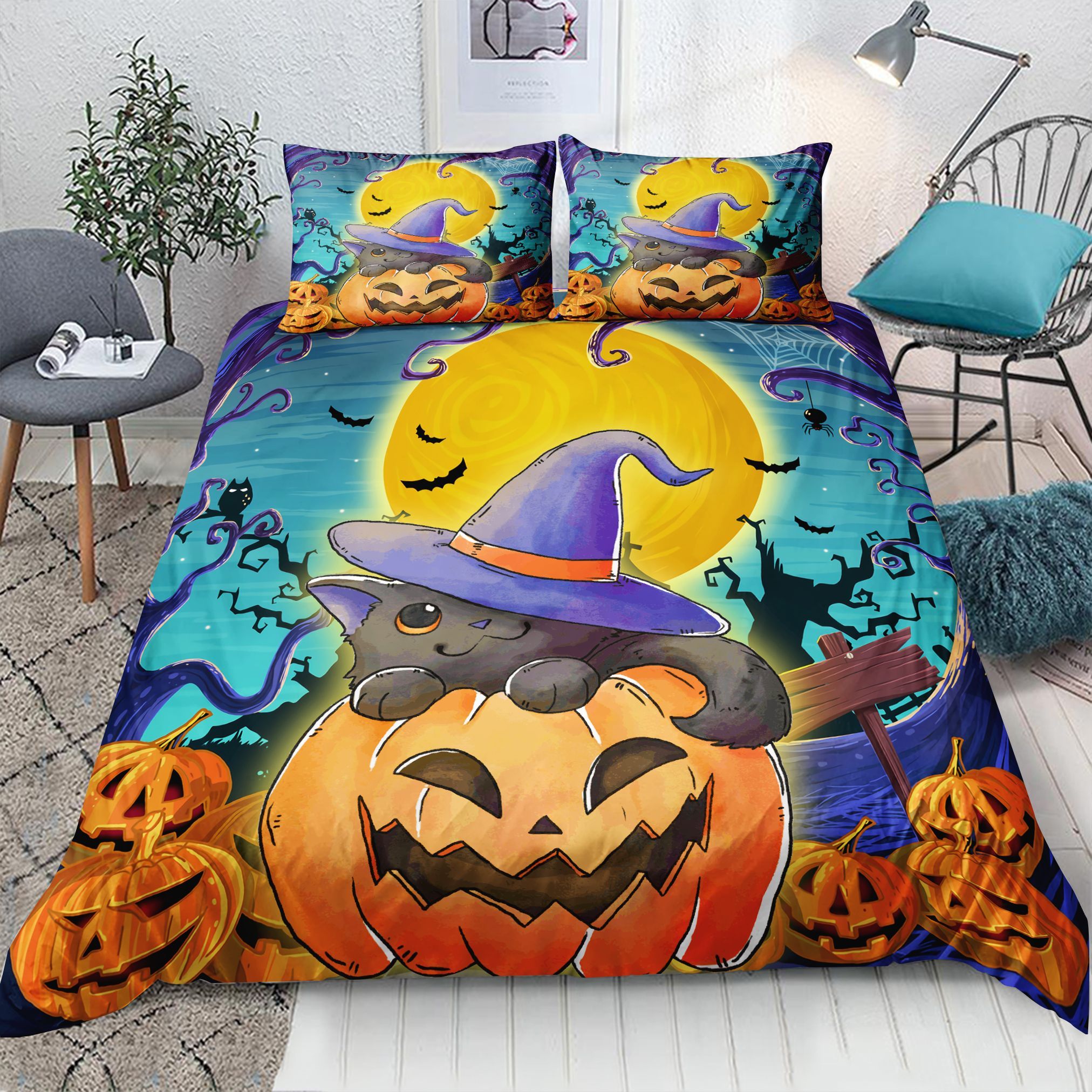 Black Cat Pumpkin Halloween Bedding Set