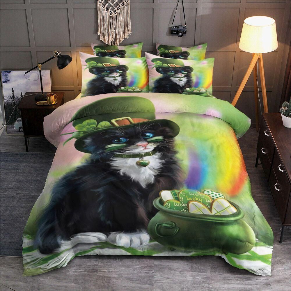 Black Cat Rainbow With Top Hat St Patrick’s Day Bedding Set