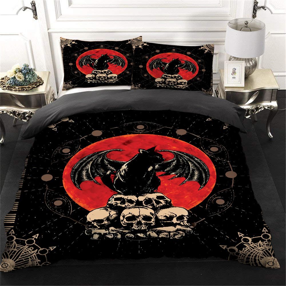 Black Cat Skull Bedding Set