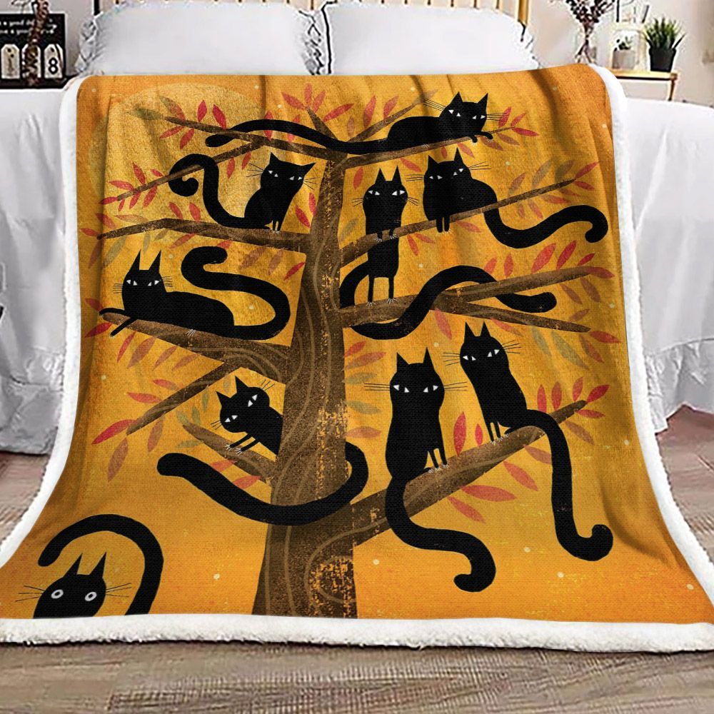 Black Cat Tree Sherpa Fleece Blanket