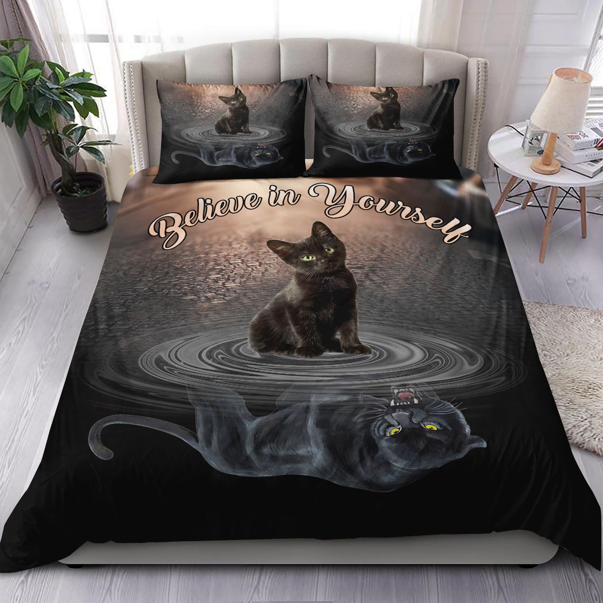 Black Cat Water Reflection Mirror Bedding Set