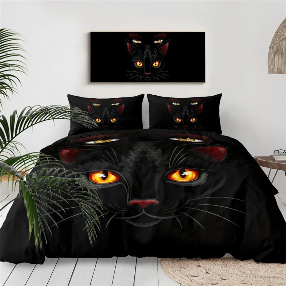 Black Cat With Orange Eyes Bedding Set