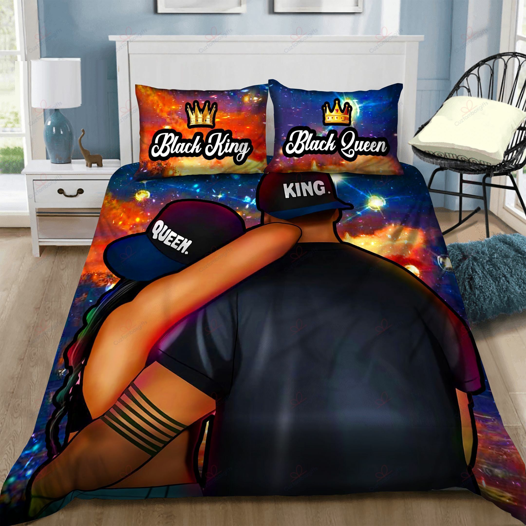 Black Couple King And Queen Galaxy Bedding Set