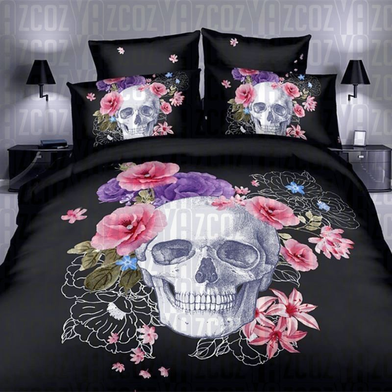 Black d Skull Flowers Bedding Set
