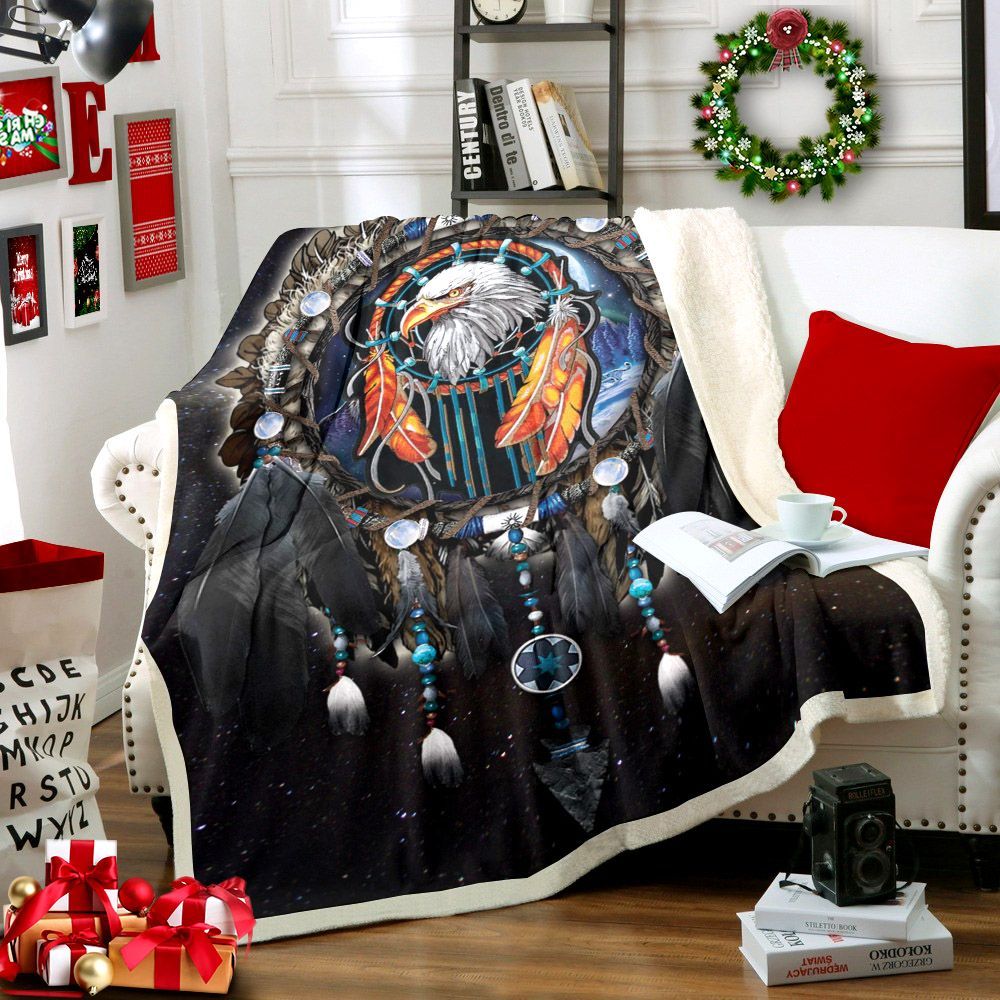 Black Dreamcatcher Eagle Sherpa Fleece Blanket
