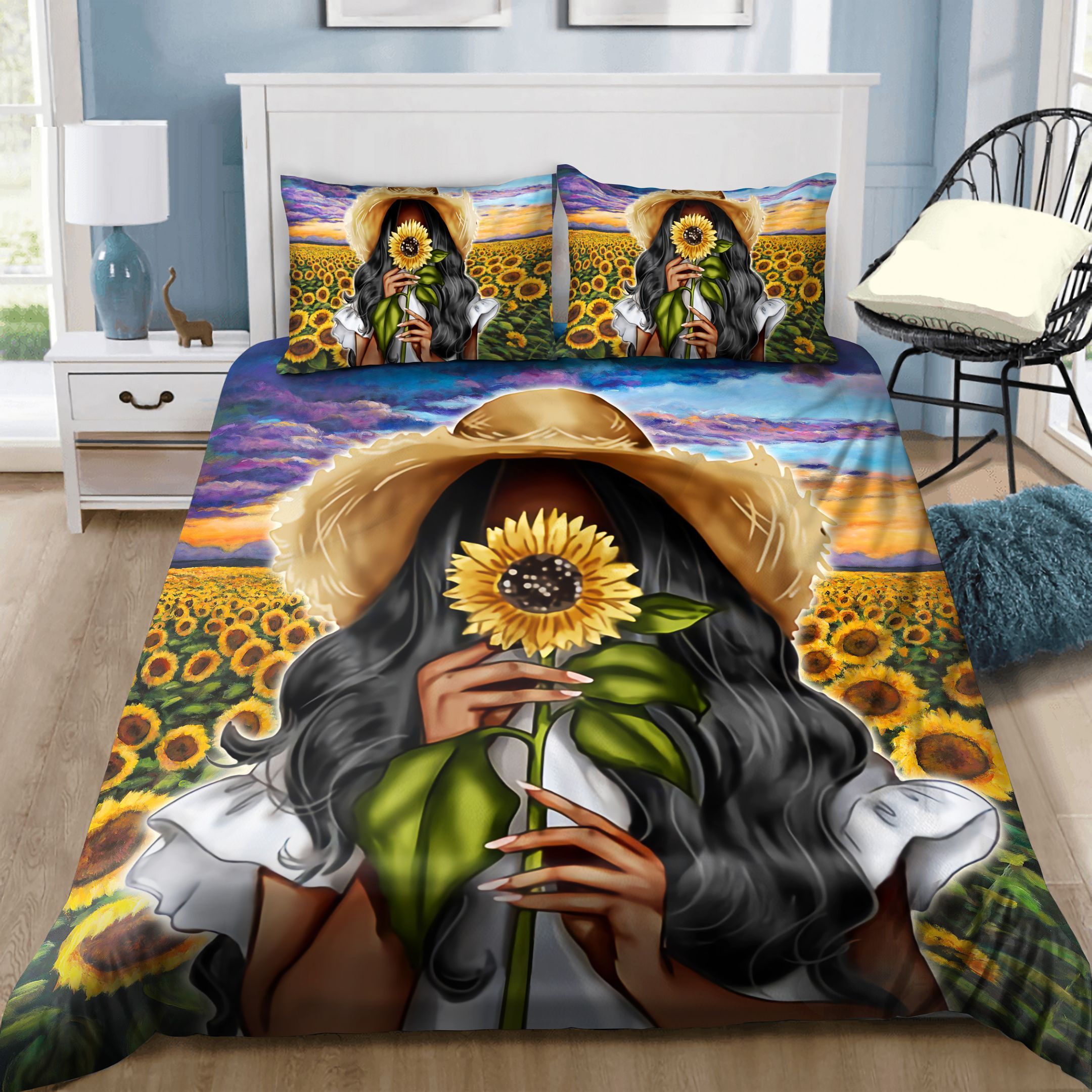 Black Girl And Sunflower Bedding Set