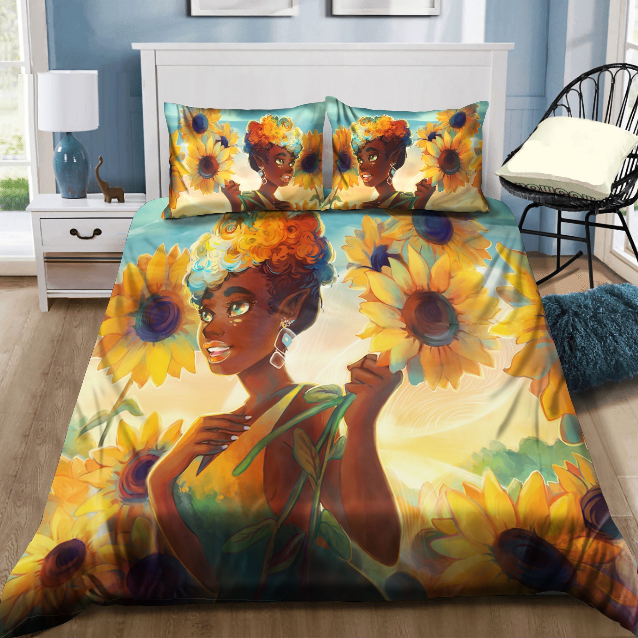 Black Girl Sunflower Bedding Set