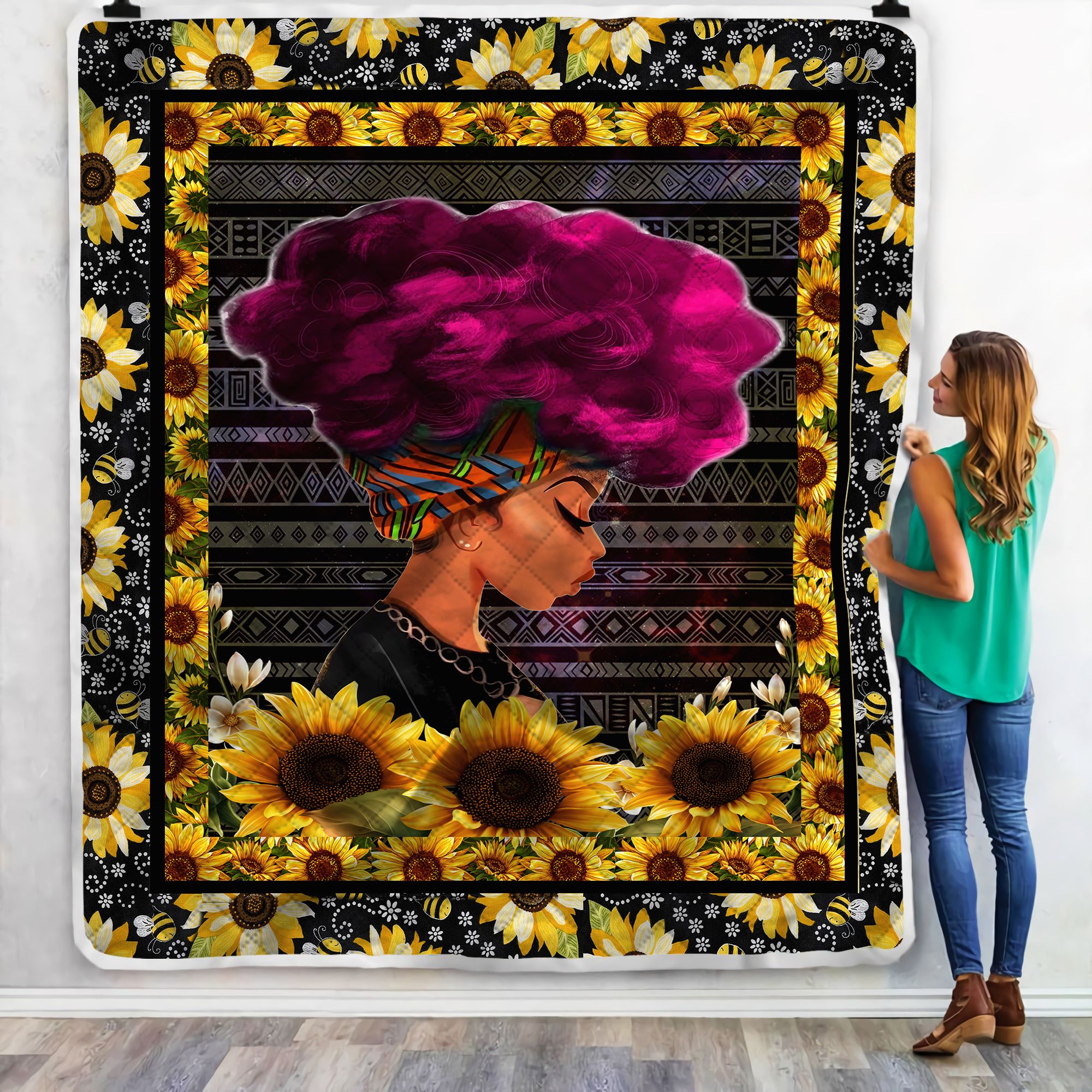 Black Girl Sunflower Fleece Blanket