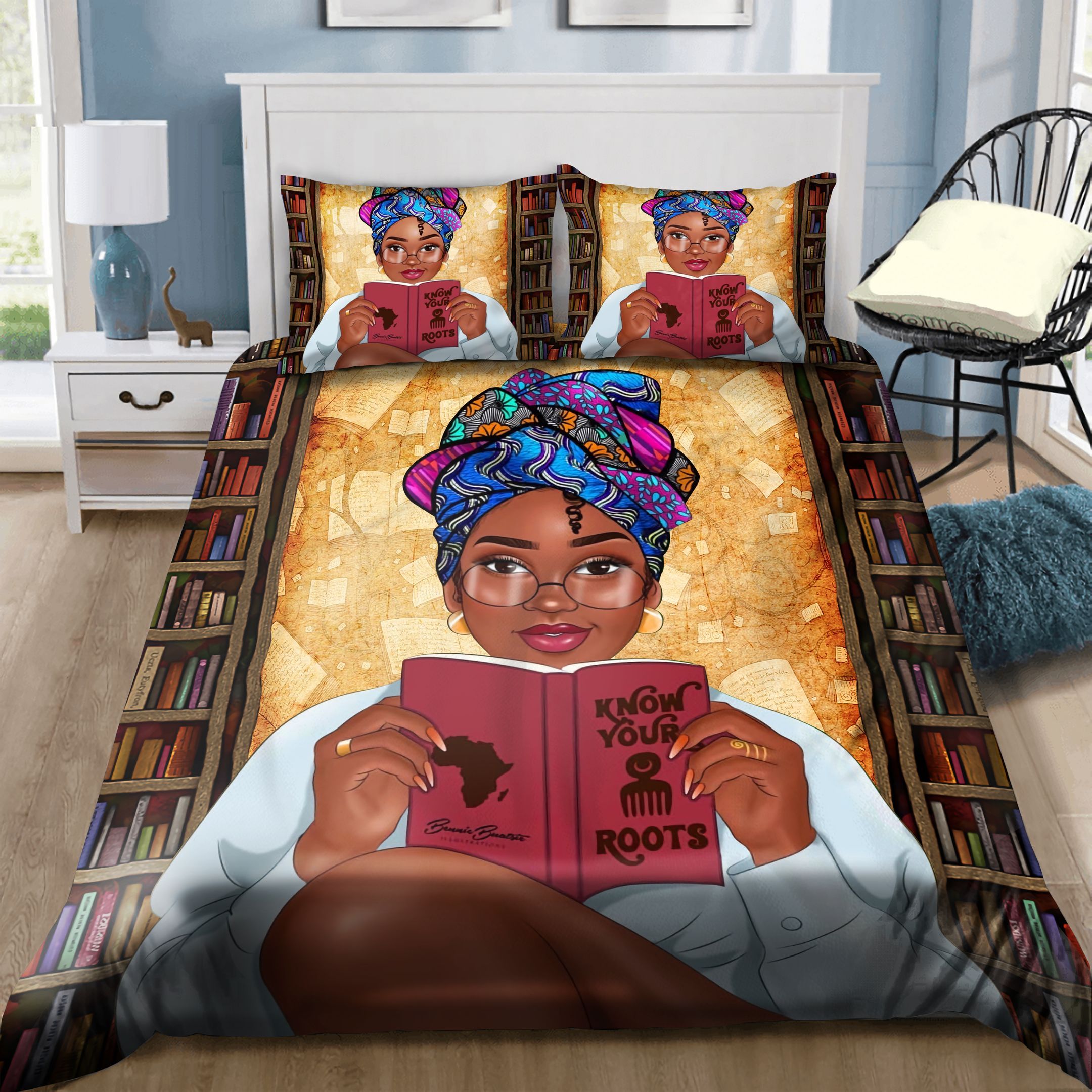 Black Girl With Bookshelf Vintage Bedding Set