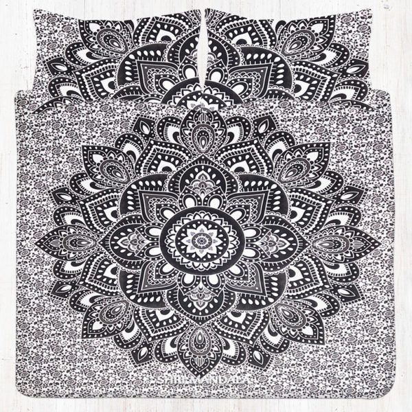Black Gray Lotus Hippie Mandala Bedding Set