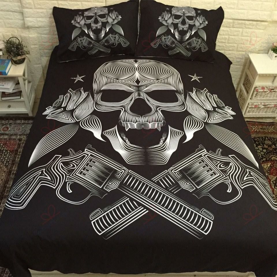 Black Gun Rose Flower Skull Bedding Set