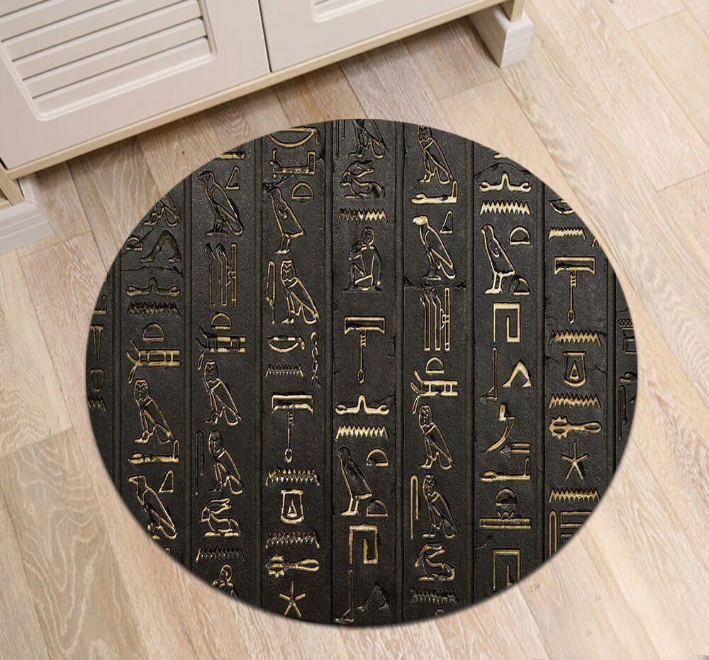 Black Hieroglyphs Wall Round Carpet