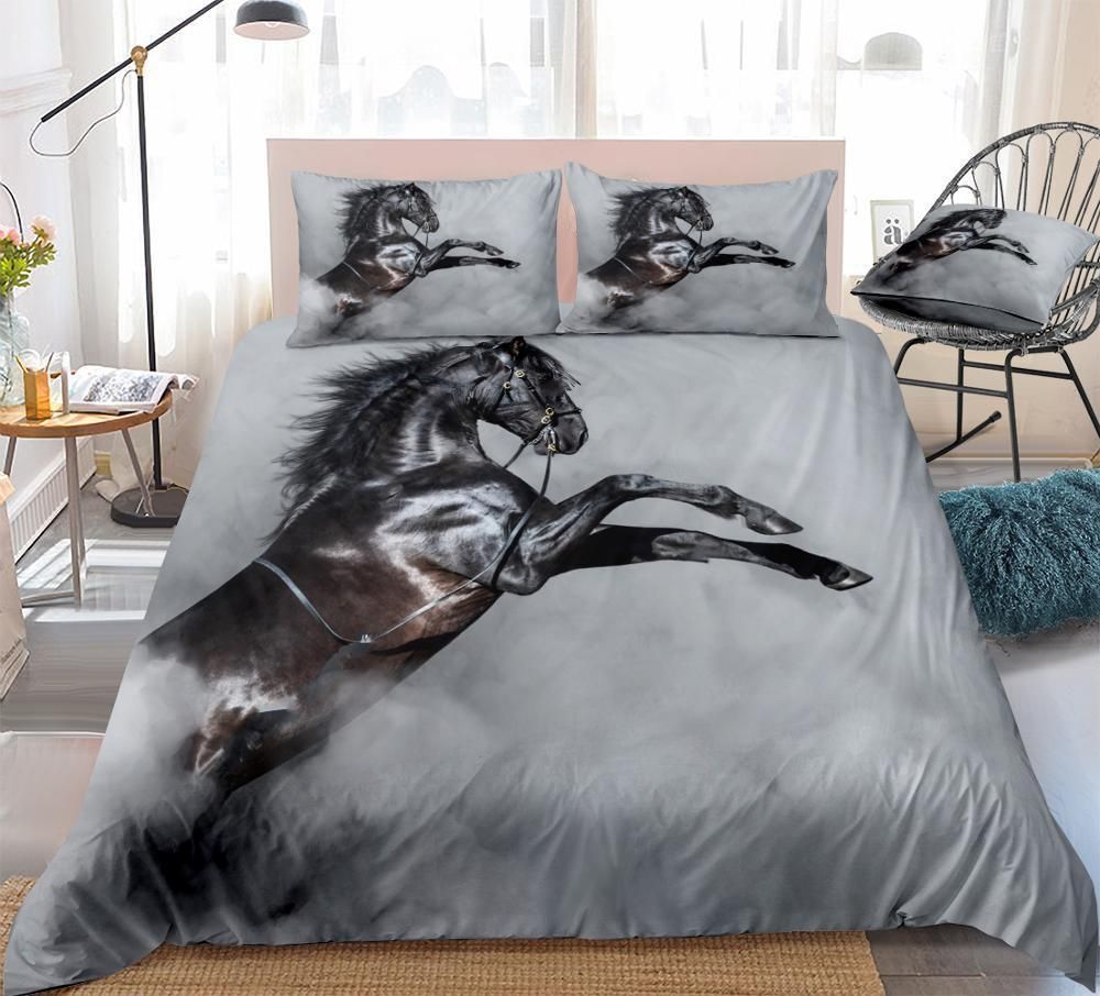Black Horse Running And Gray Background 3D Printed Bedding Set