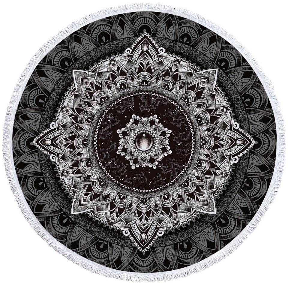 Black Jewel Mandala Round Beach Towel