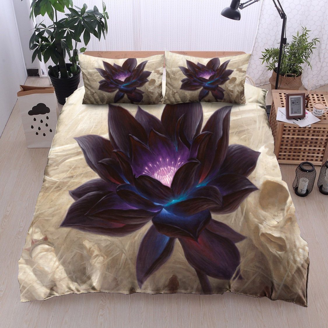 Black Lotus And Skull Bedding Set
