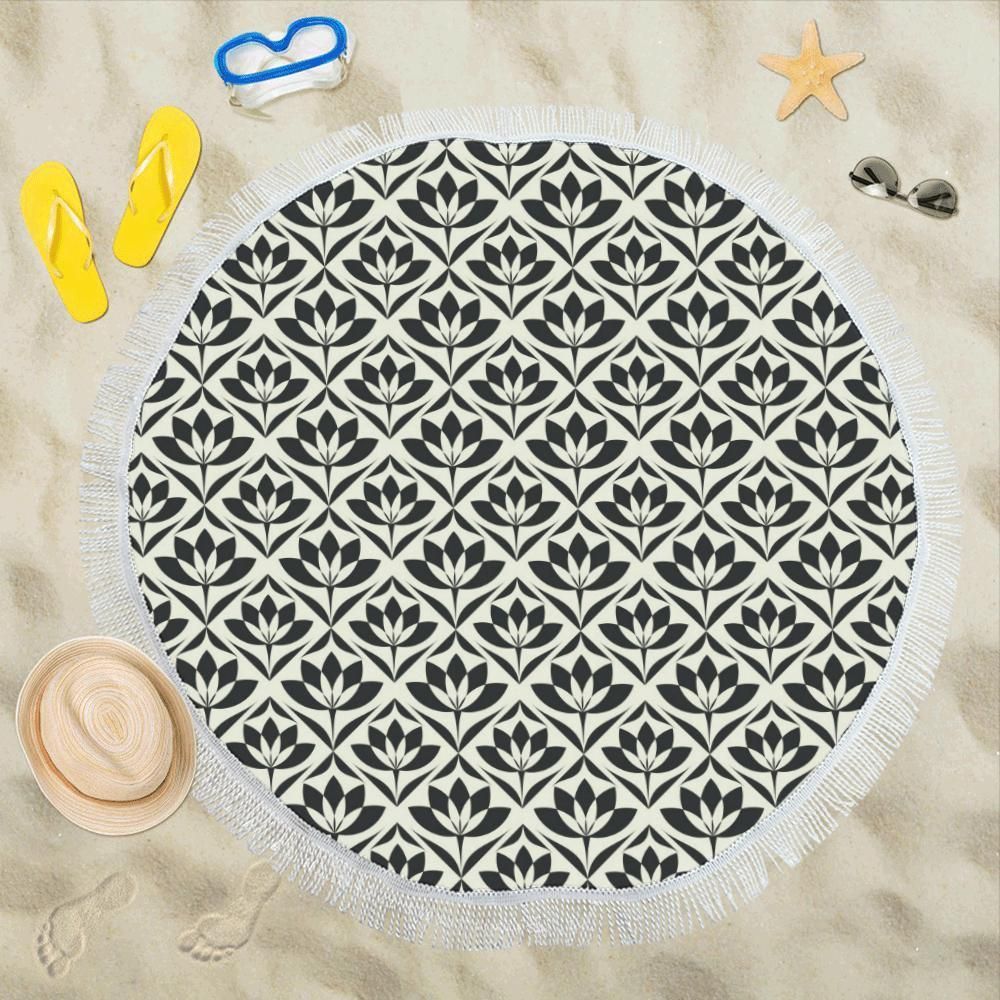 Black Lotus Pattern Print Round Beach Towel
