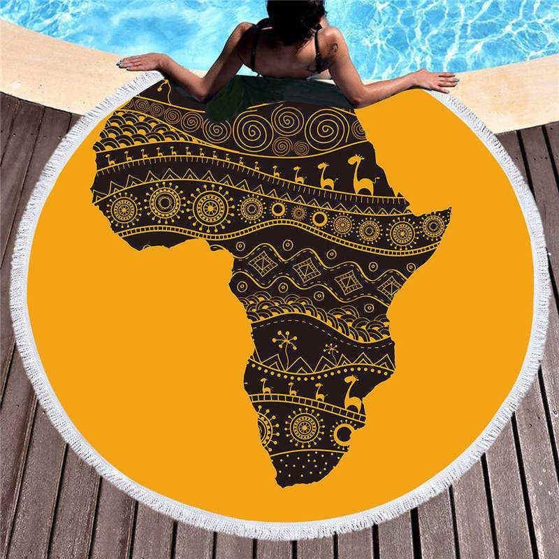 Black Map Of Africa Printed Round Beach Towel