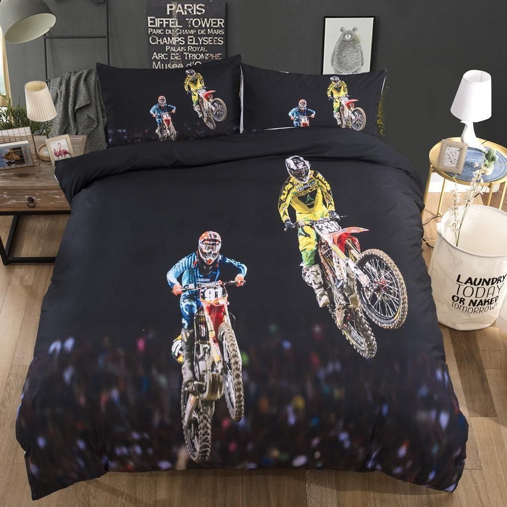 Black Motorcycle Racing Over Printed Bedding Set