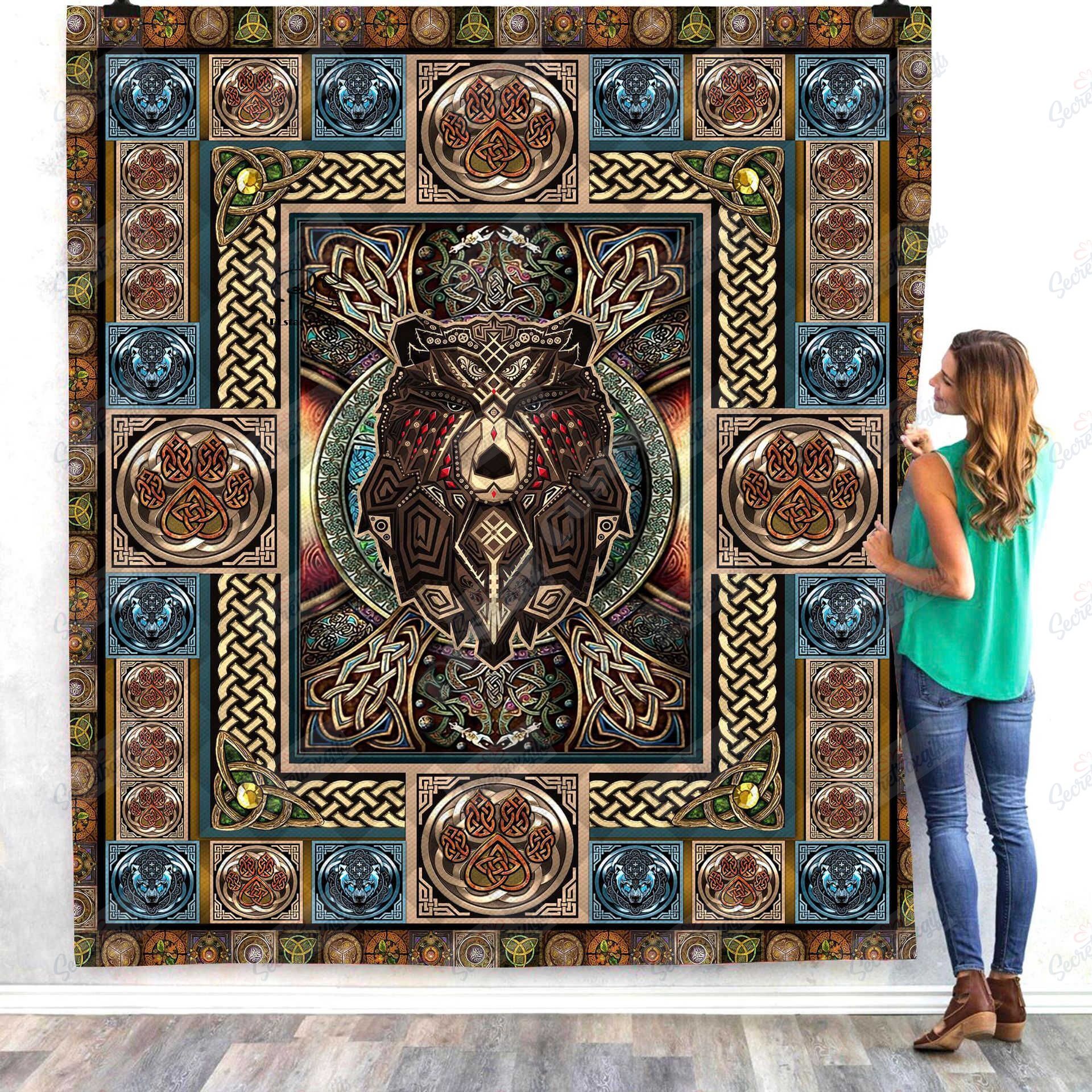 Black Native Indian Viking Tattoo Bear GS-CL-LD1805 Quilt Blanket