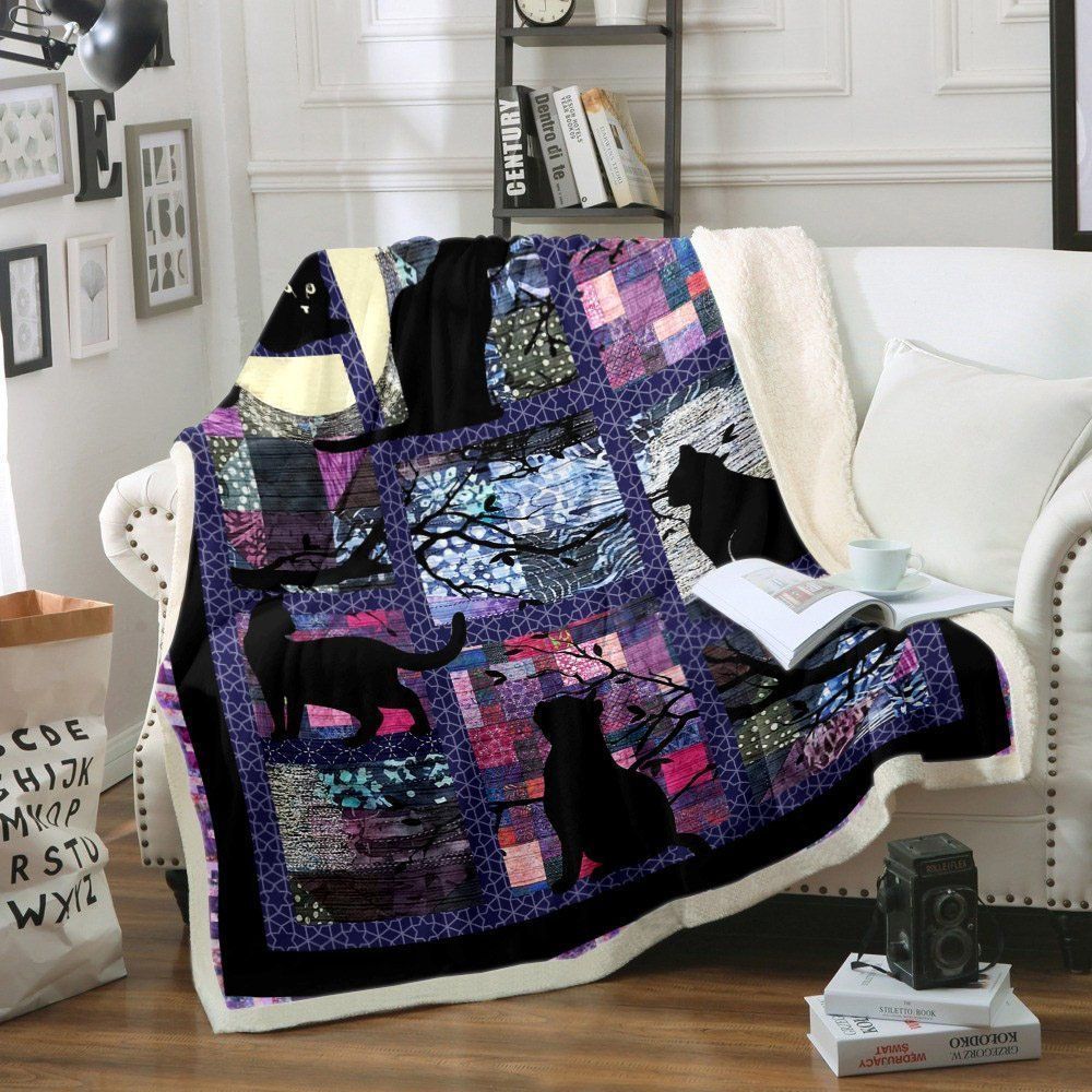 Black Night Cat Sherpa Fleece Blanket