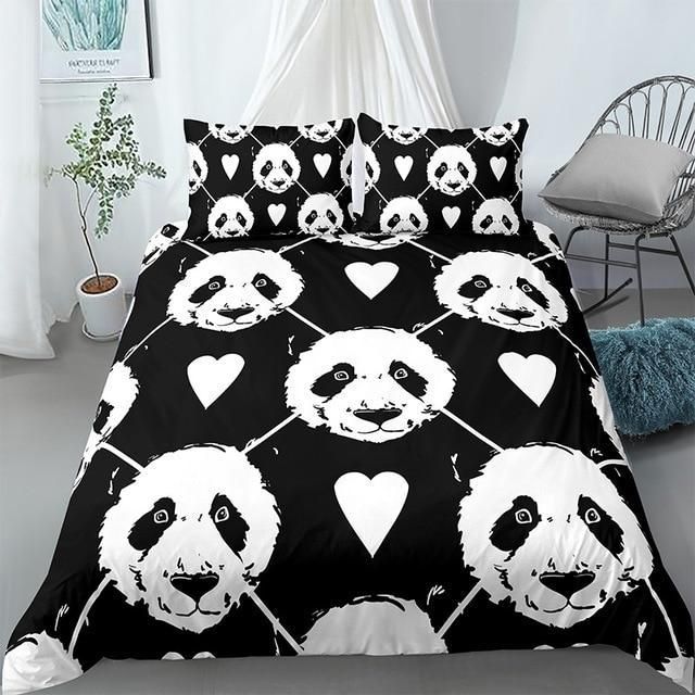 Black Panda And Heart Pattern Bedding Set